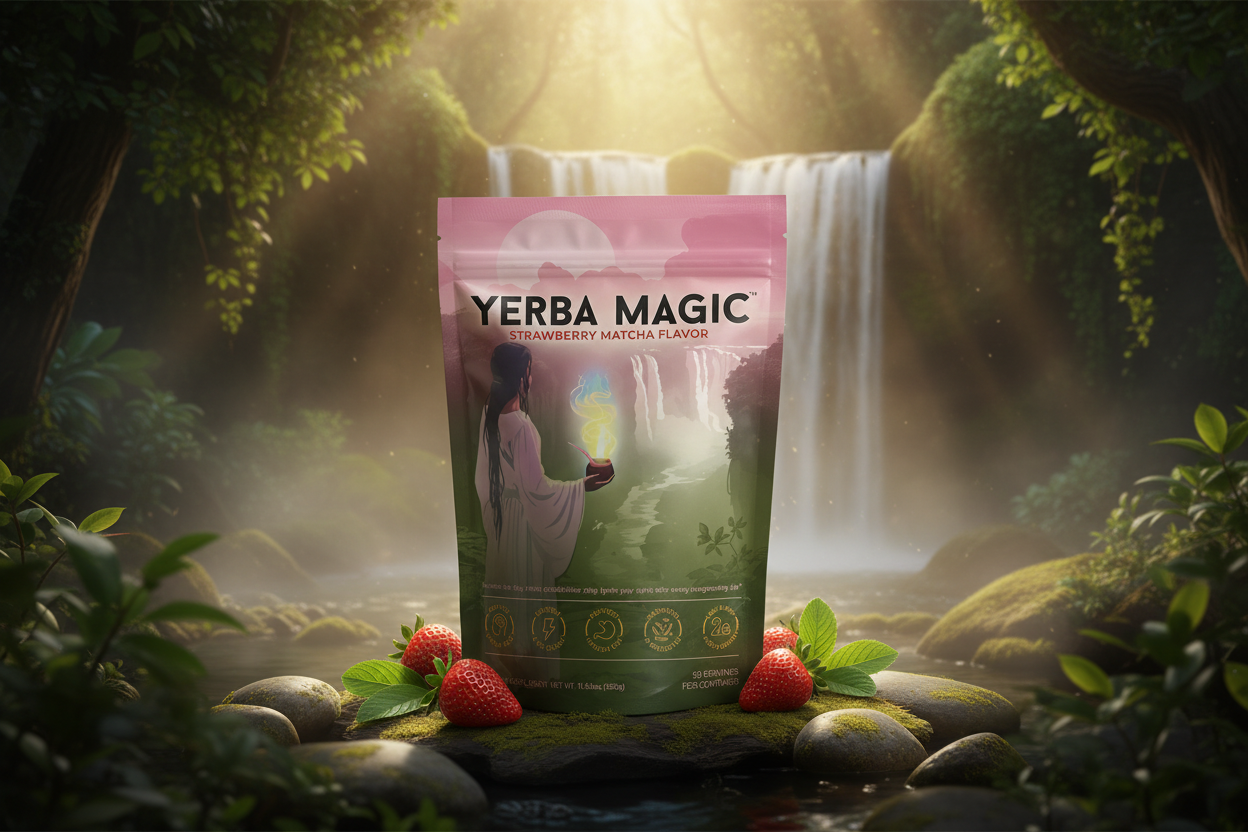 Yerba Magic Strawberry Matcha in mystical setting